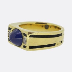 French Art Deco Cabochon Sapphire and Diamond Three-Stone Ring