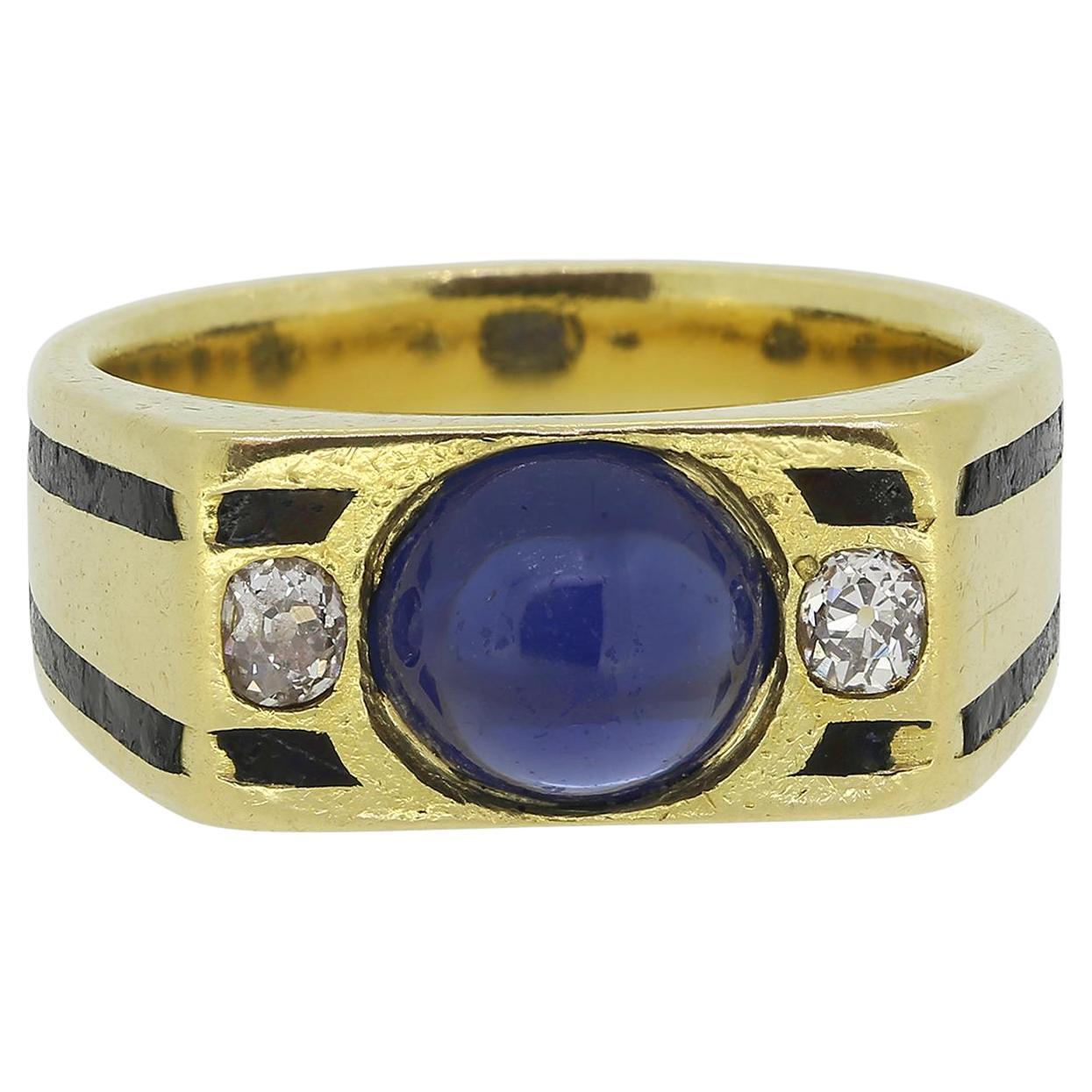 French Art Deco Cabochon Sapphire and Diamond Three-Stone Ring