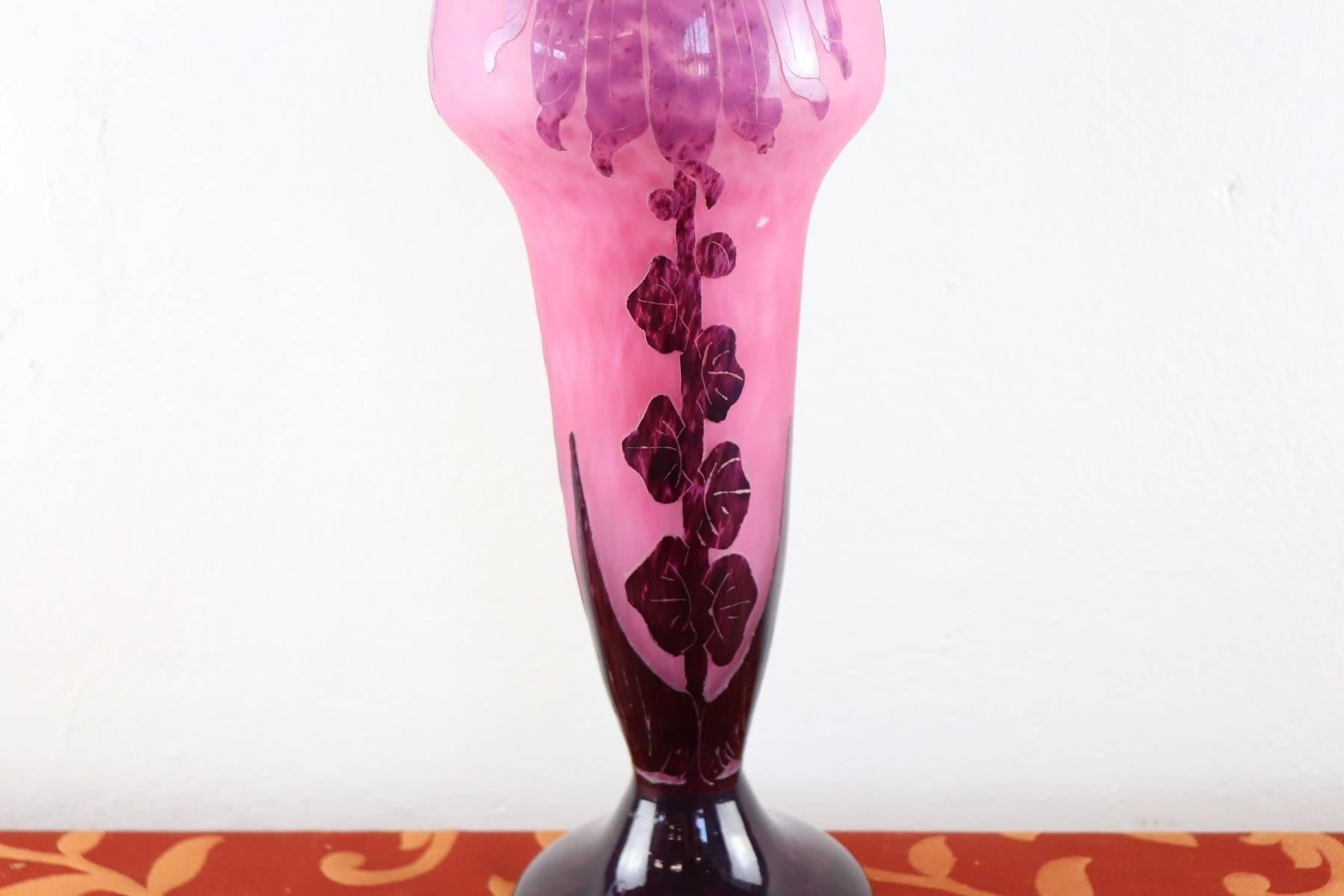 A very large and impressive early 20th century cameo glass vase decorated with dahlia flowers in the Art Deco style in deep purple against a lilac field with excellent color and very fine crisp detail.
Signature engraved with a diamond point on the