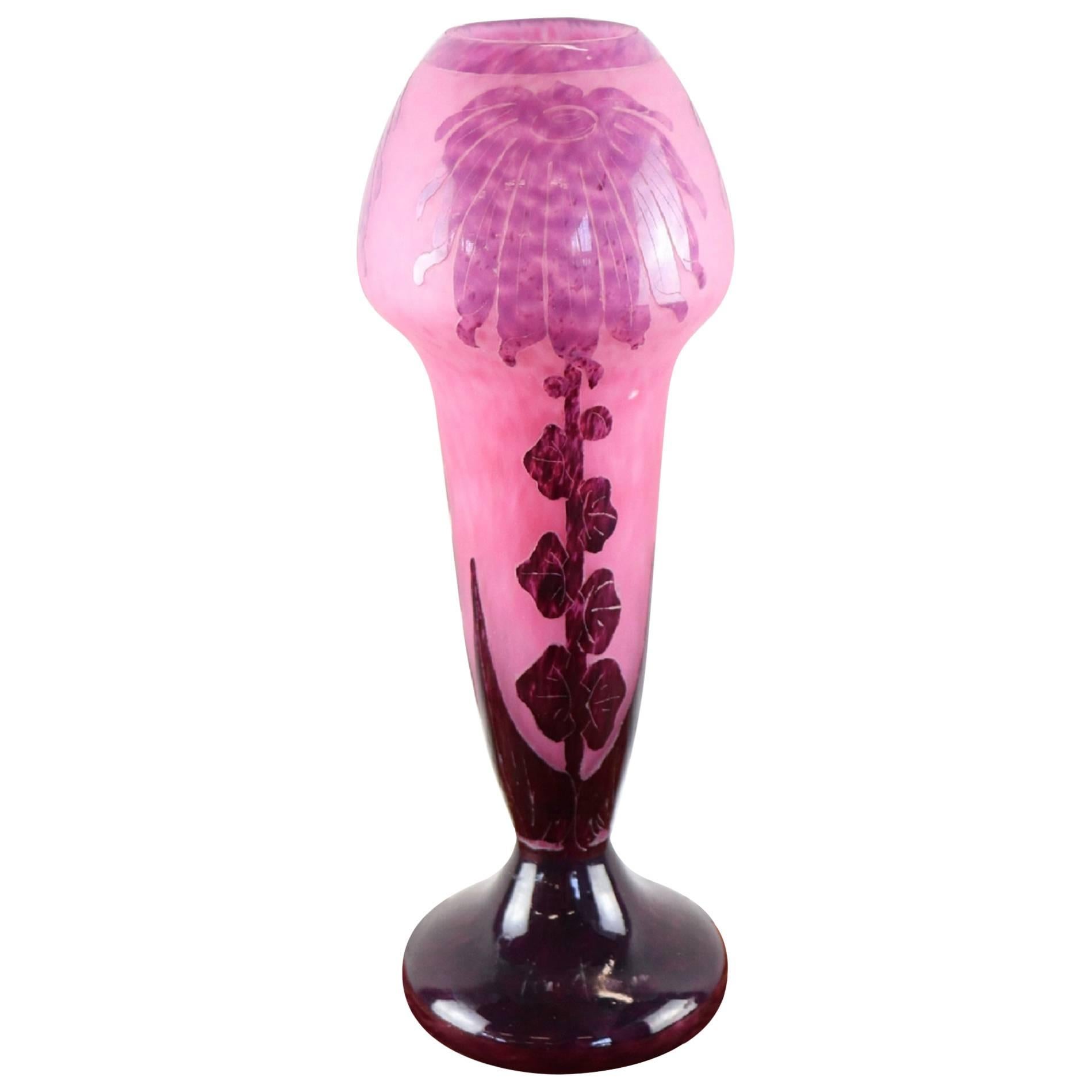 French Art Deco Cameo Lilac Vase Le Verre Français, Dahlia Series