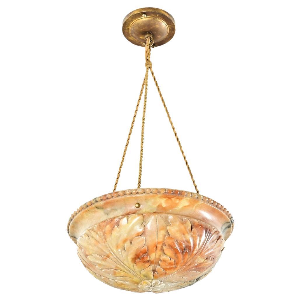French Art Deco Carved Alabaster Pendant Light