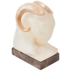 Vintage French Art Deco Carved Alabaster Rams Head Lamp on Grey Marble Base, circa 1930
