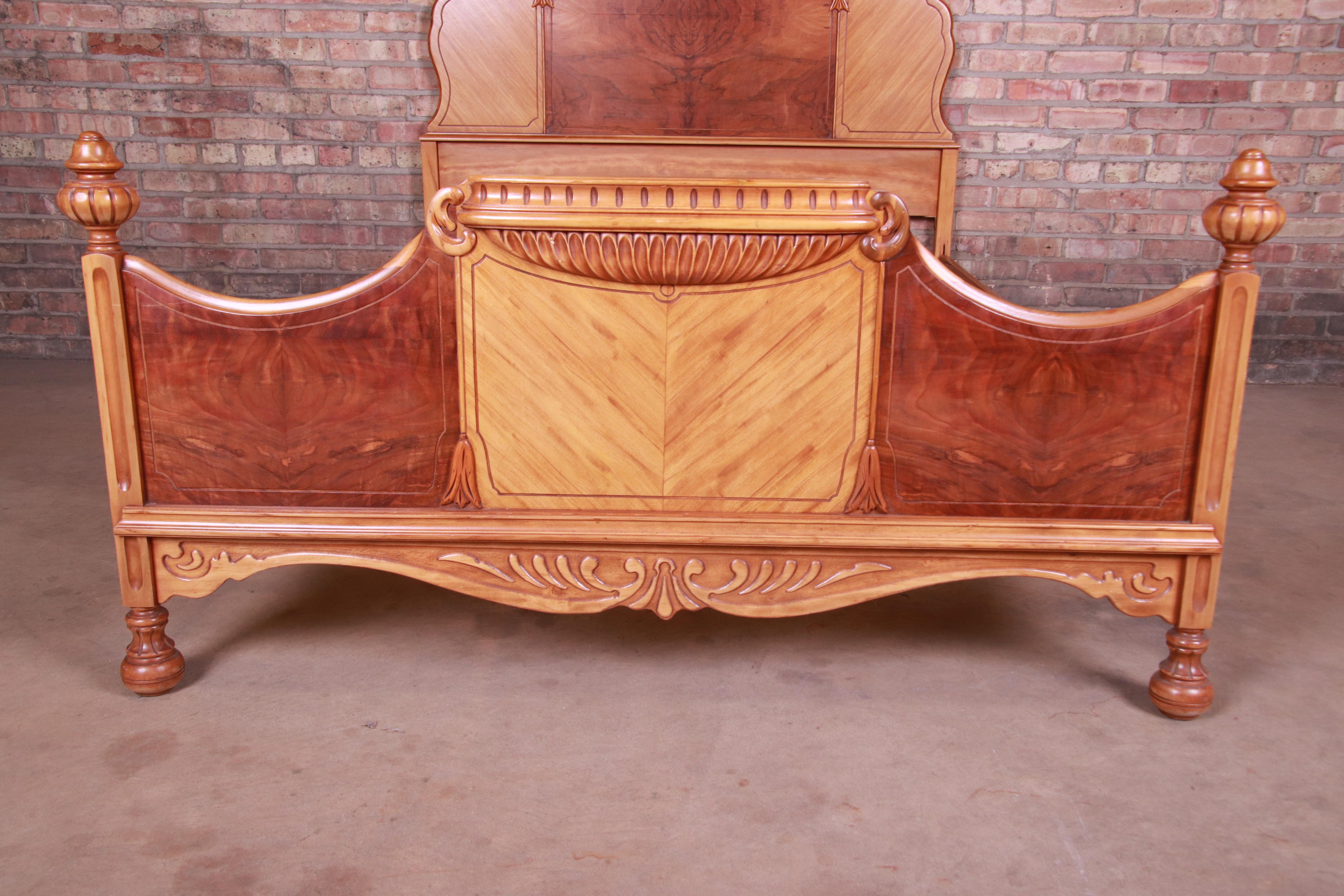 French Art Deco Carved Burled Walnut and Satinwood Full Size Bed, circa 1930s 7