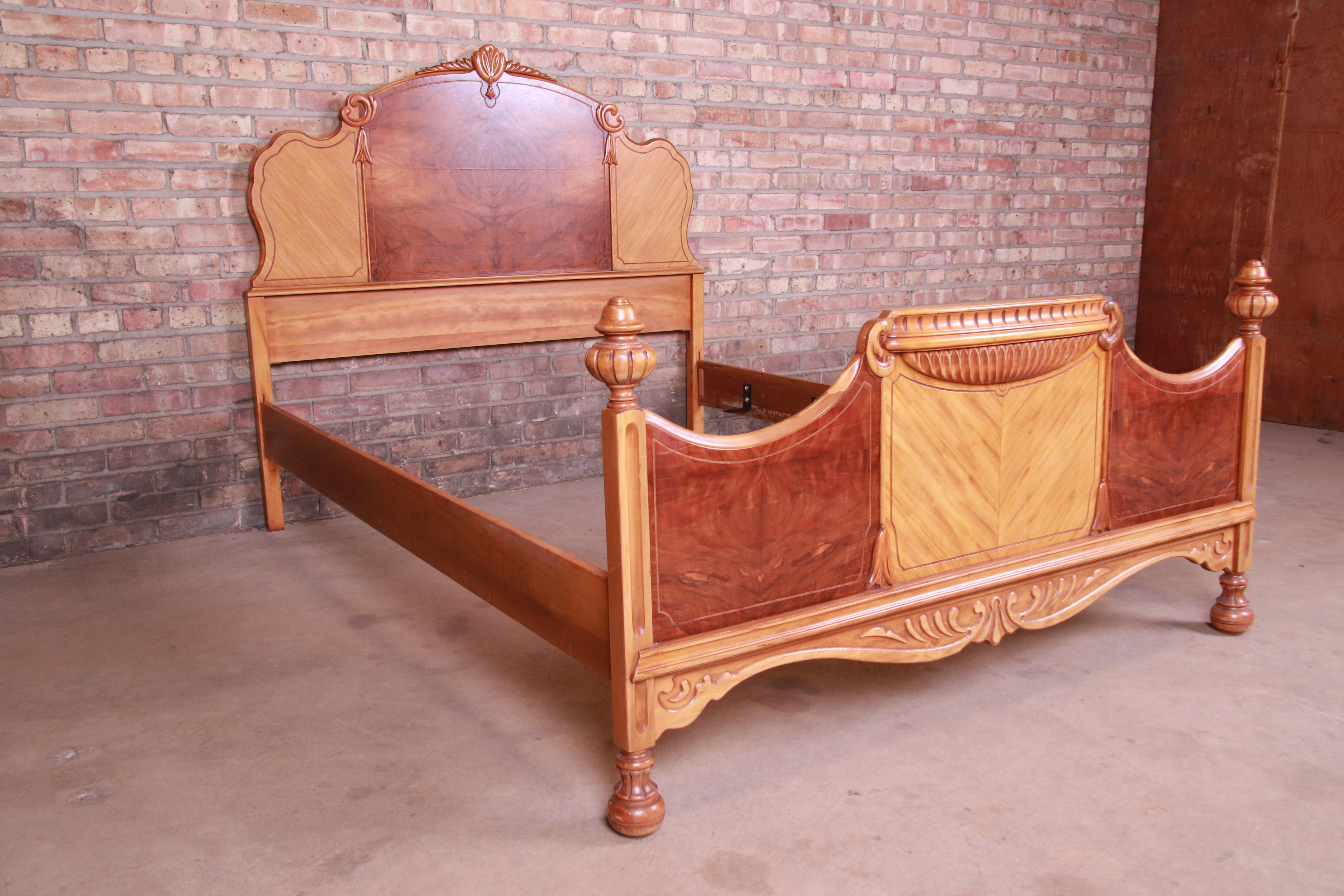 French Art Deco Carved Burled Walnut and Satinwood Full Size Bed, circa 1930s In Good Condition In South Bend, IN