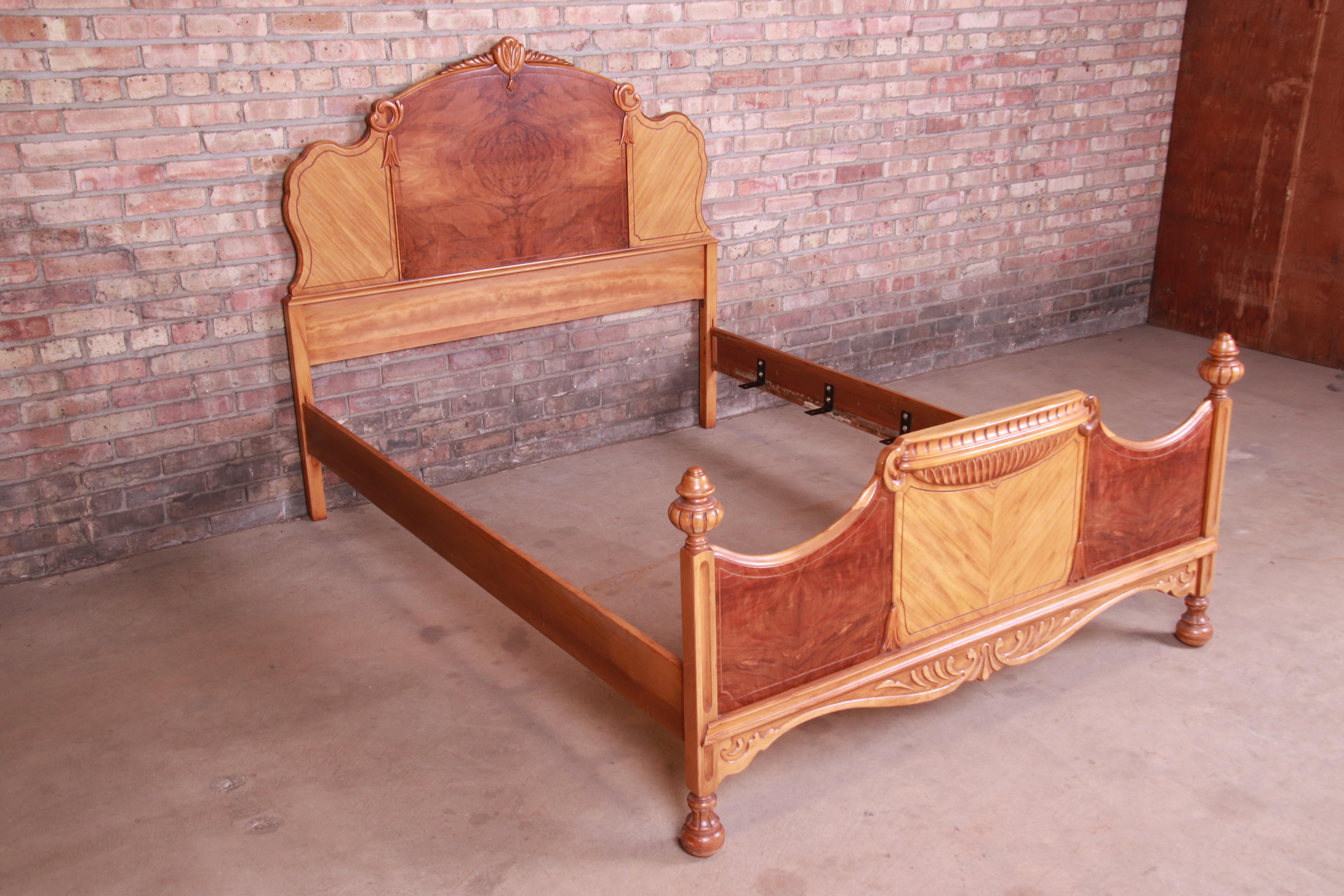 Mid-20th Century French Art Deco Carved Burled Walnut and Satinwood Full Size Bed, circa 1930s