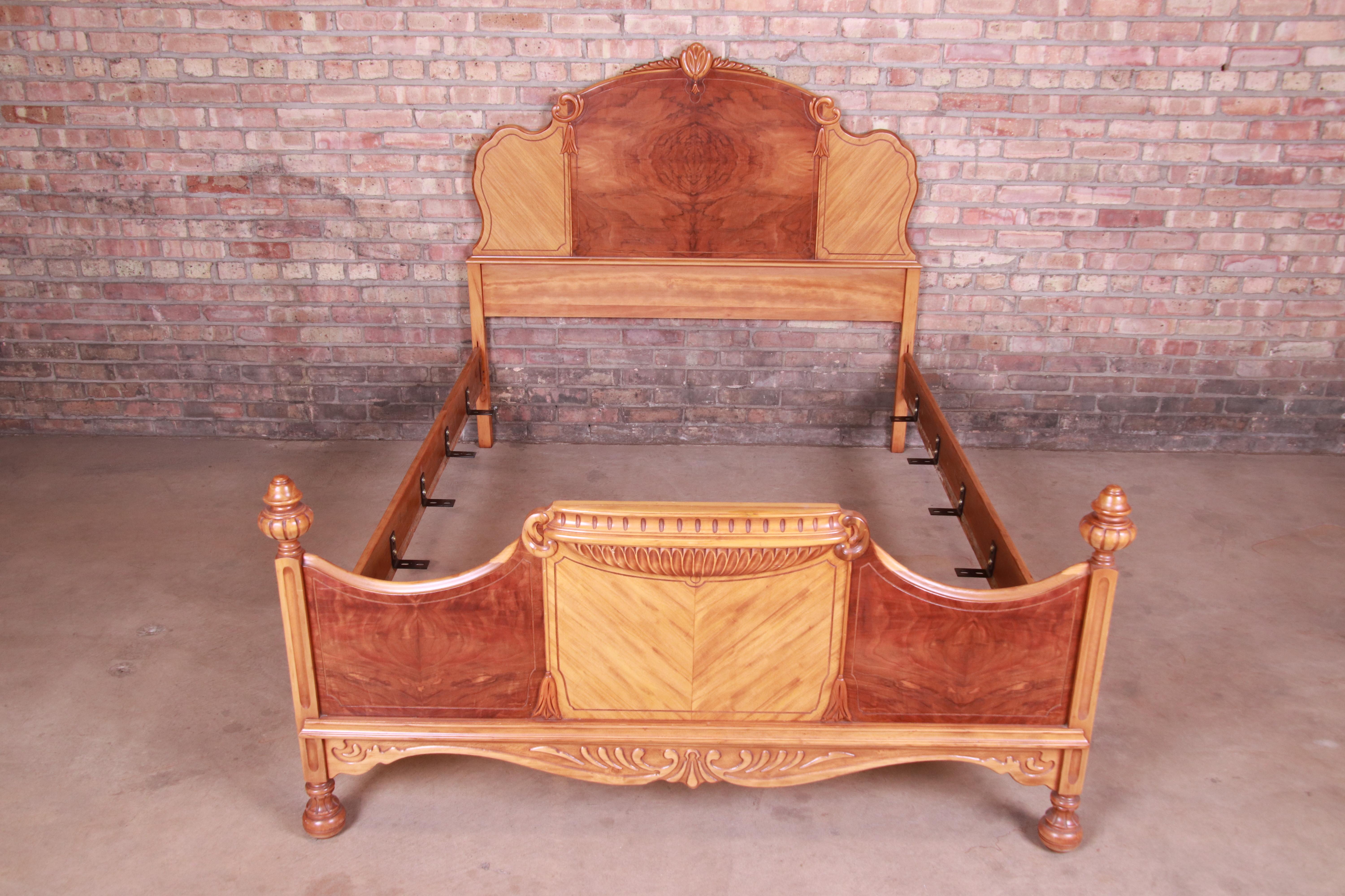French Art Deco Carved Burled Walnut and Satinwood Full Size Bed, circa 1930s 1