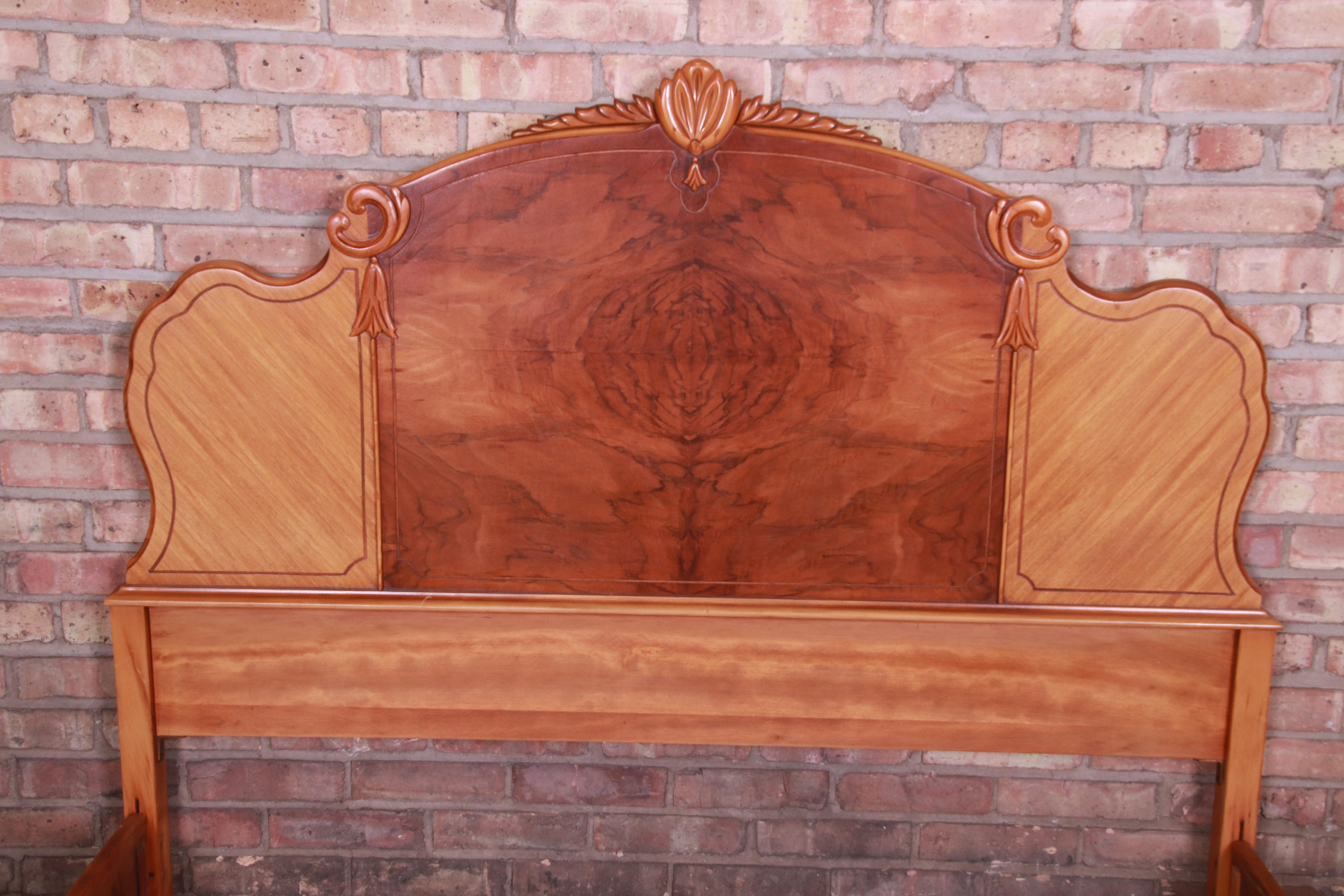 French Art Deco Carved Burled Walnut and Satinwood Full Size Bed, circa 1930s 2