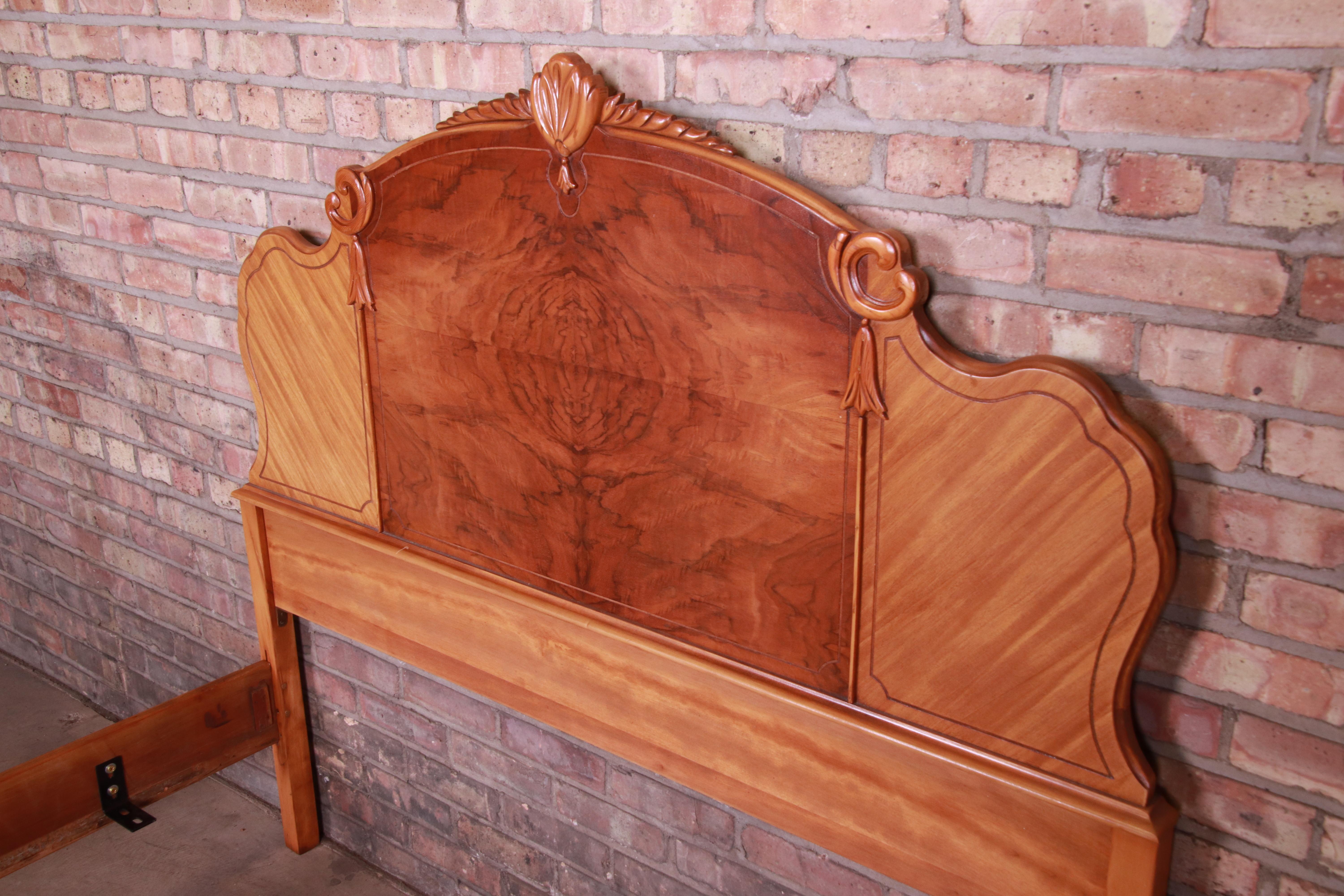 French Art Deco Carved Burled Walnut and Satinwood Full Size Bed, circa 1930s 3