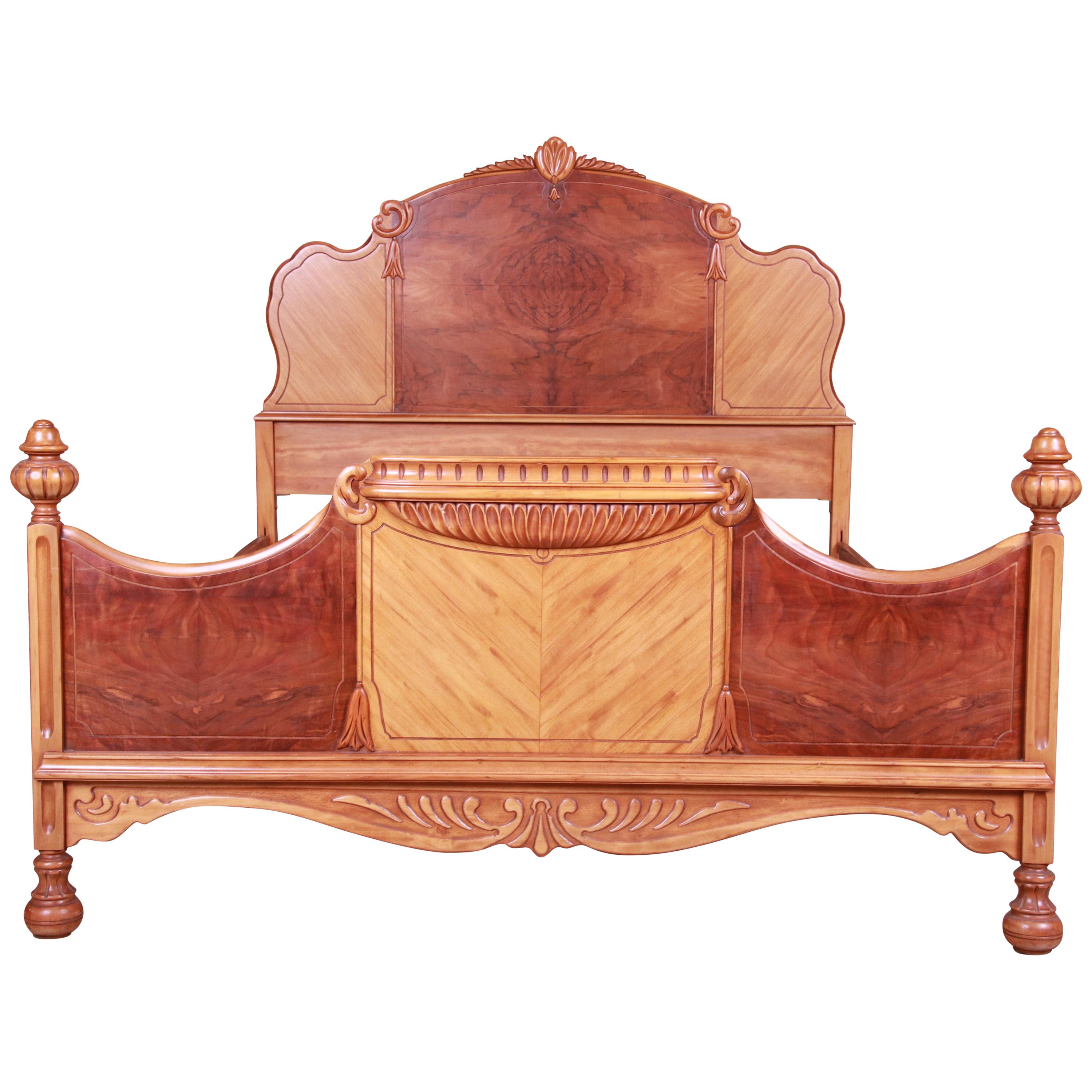 French Art Deco Carved Burled Walnut and Satinwood Full Size Bed, circa 1930s