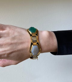 French Art Deco Carved Chrysoprase Chalcedony Gold and Enamel Bracelet