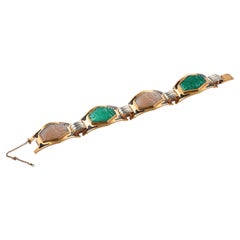Antique French Art Deco Carved Chrysoprase Chalcedony Gold and Enamel Bracelet