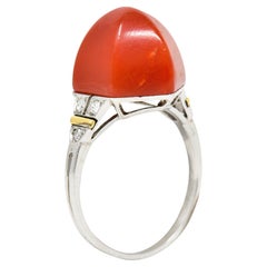 French Art Deco Carved Coral Diamond Platinum Ring Sellier & Dumont
