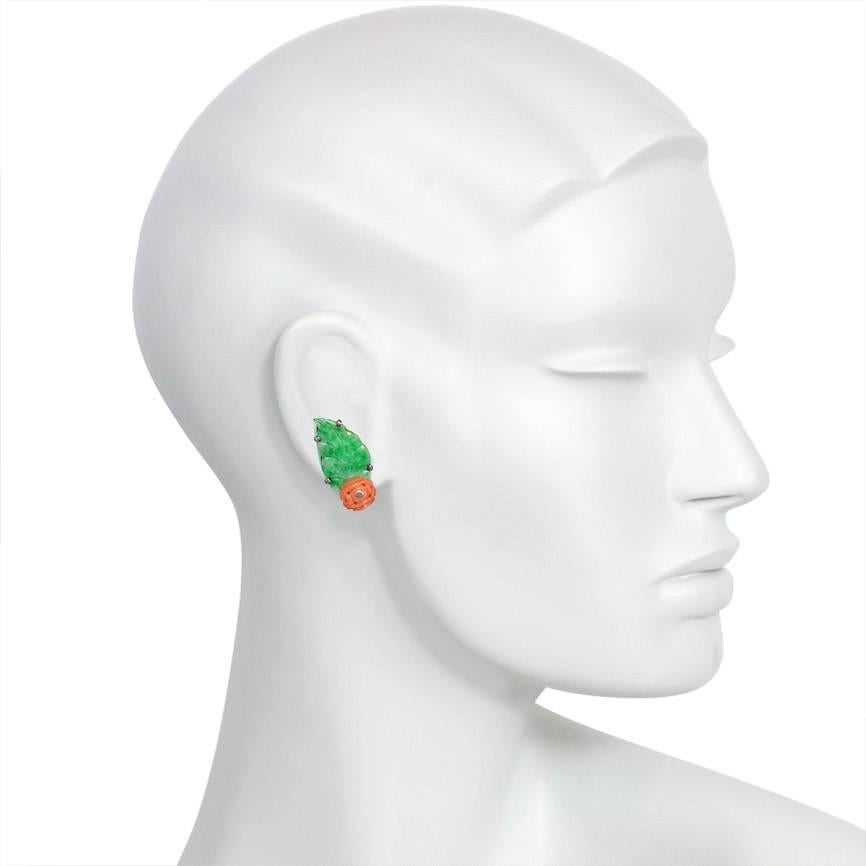 Women's or Men's French Art Deco Carved Jade Leaf and Coral Earrings