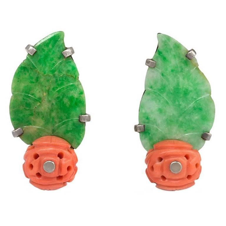 French Art Deco Carved Jade Leaf and Coral Earrings