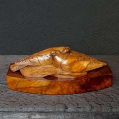 French Art Deco Carved Love Doves Oak, Walnut and Rosewood Box Signed R.Vidal