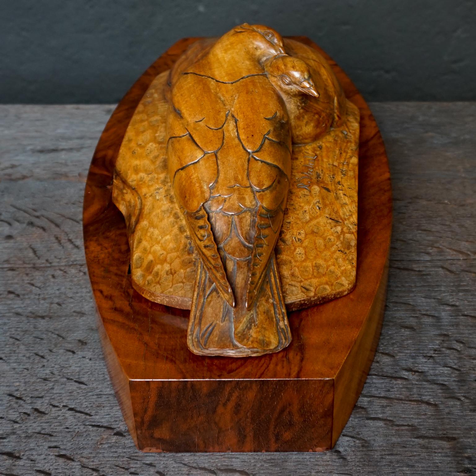 Hand-Carved French Art Deco Carved Love Doves Oak, Walnut and Rosewood Box Signed R.Vidal For Sale