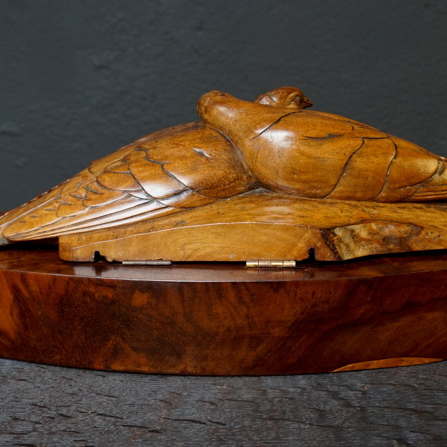19th Century French Art Deco Carved Love Doves Oak, Walnut and Rosewood Box Signed R.Vidal For Sale