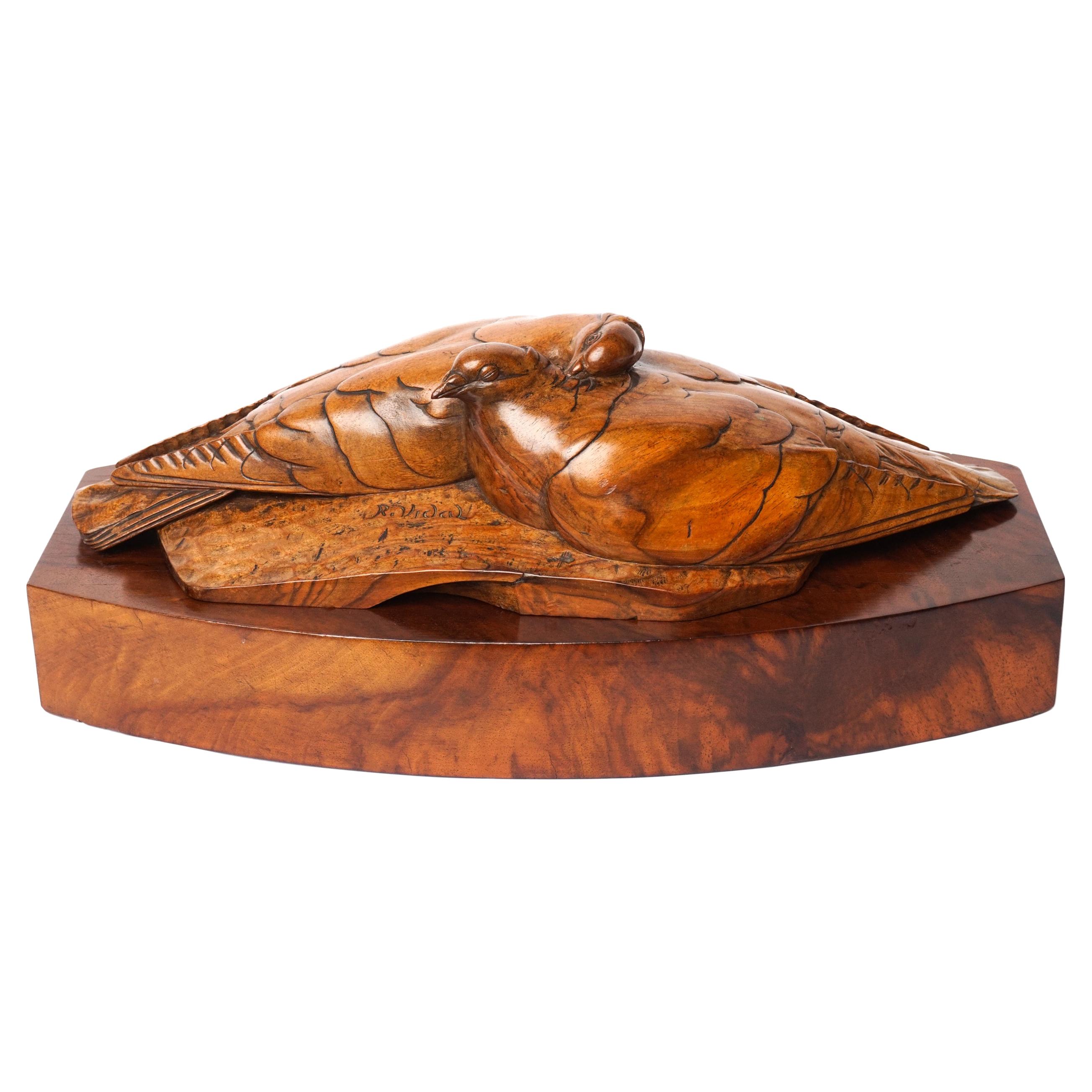 French Art Deco Carved Love Doves Oak, Walnut and Rosewood Box Signed R.Vidal For Sale