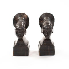 French Art Deco Carved Solid Ebony Bookends African Heads on Base 1920s