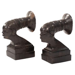 French Art Deco Carved Solid Ebony Bookends African Heads on Base 1920s