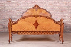 French Art Deco Carved Walnut and Satinwood Full Size Bed, circa 1930s