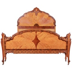 French Art Deco Carved Walnut and Satinwood Full Size Bed, circa 1930s