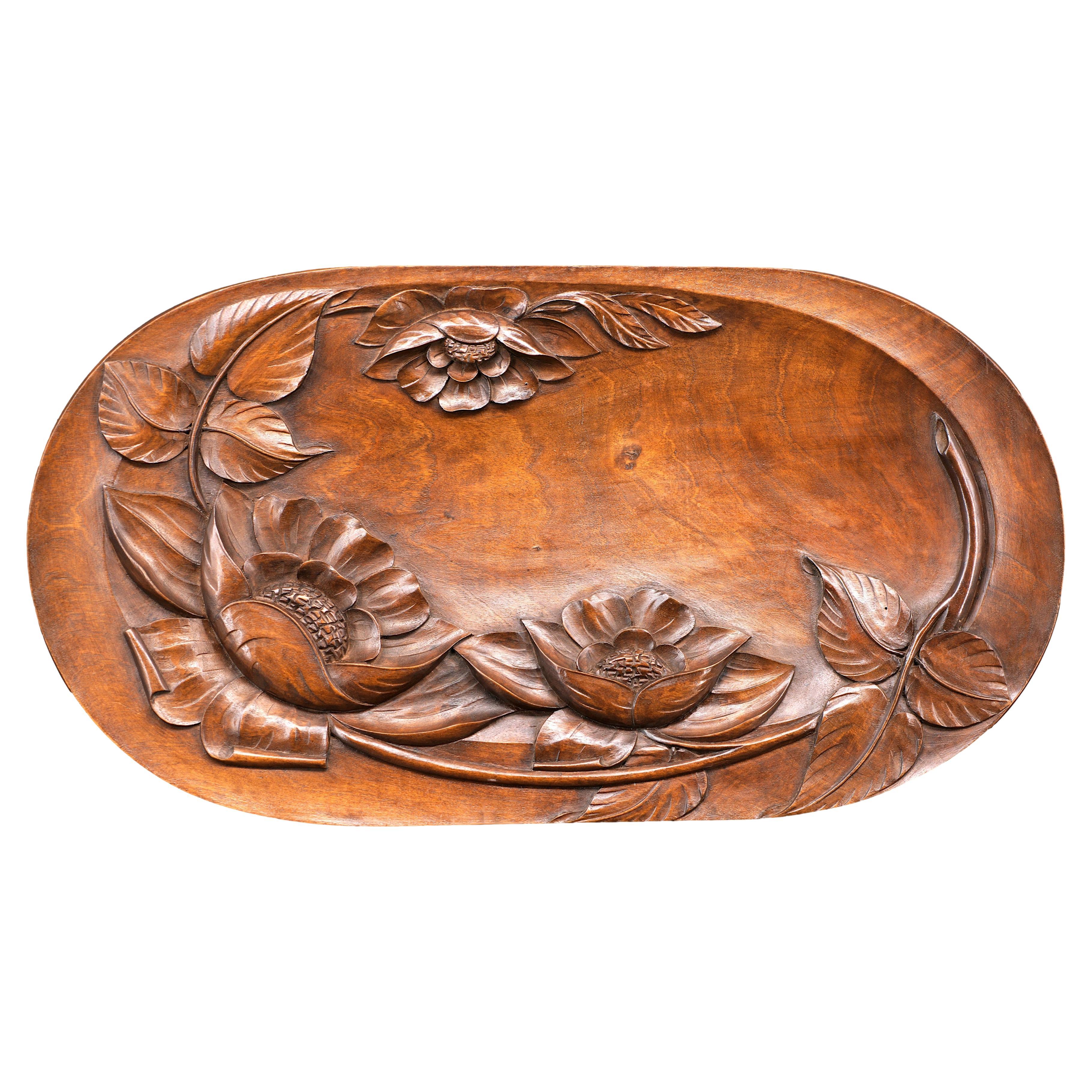 French Art Deco Carved Walnut Fruit Tray, 1930s For Sale