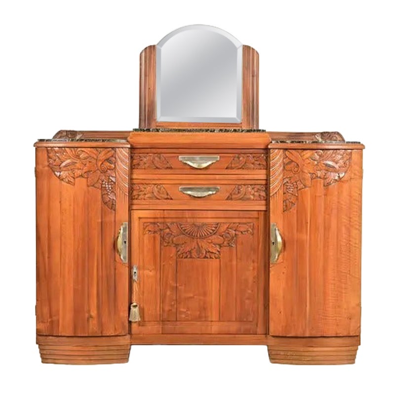 Aparador o mueble bar francés Art Decó de nogal tallado con tapa de mármol, circa años 30