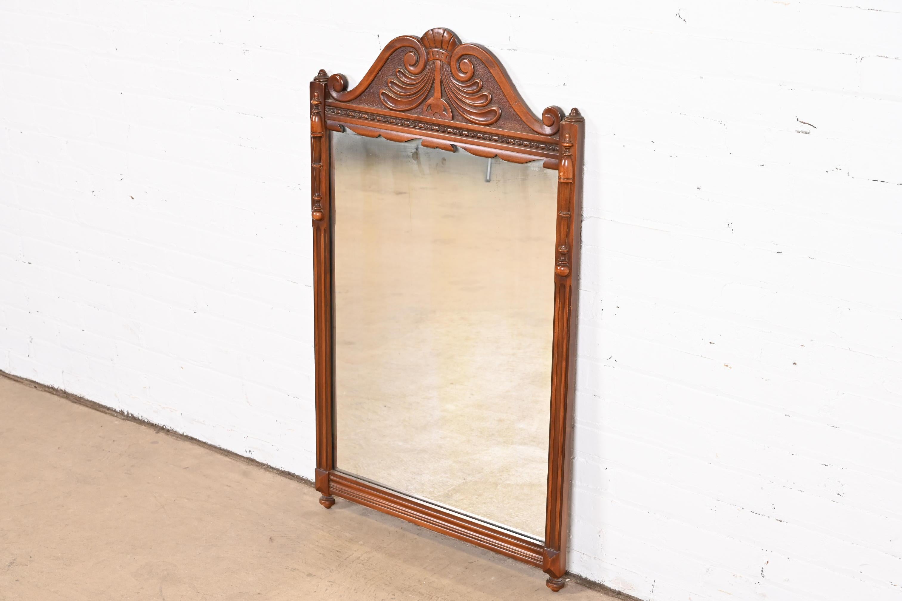 French Art Deco Carved Walnut Wall Mirror by Landstrom, Circa 1940s In Good Condition For Sale In South Bend, IN