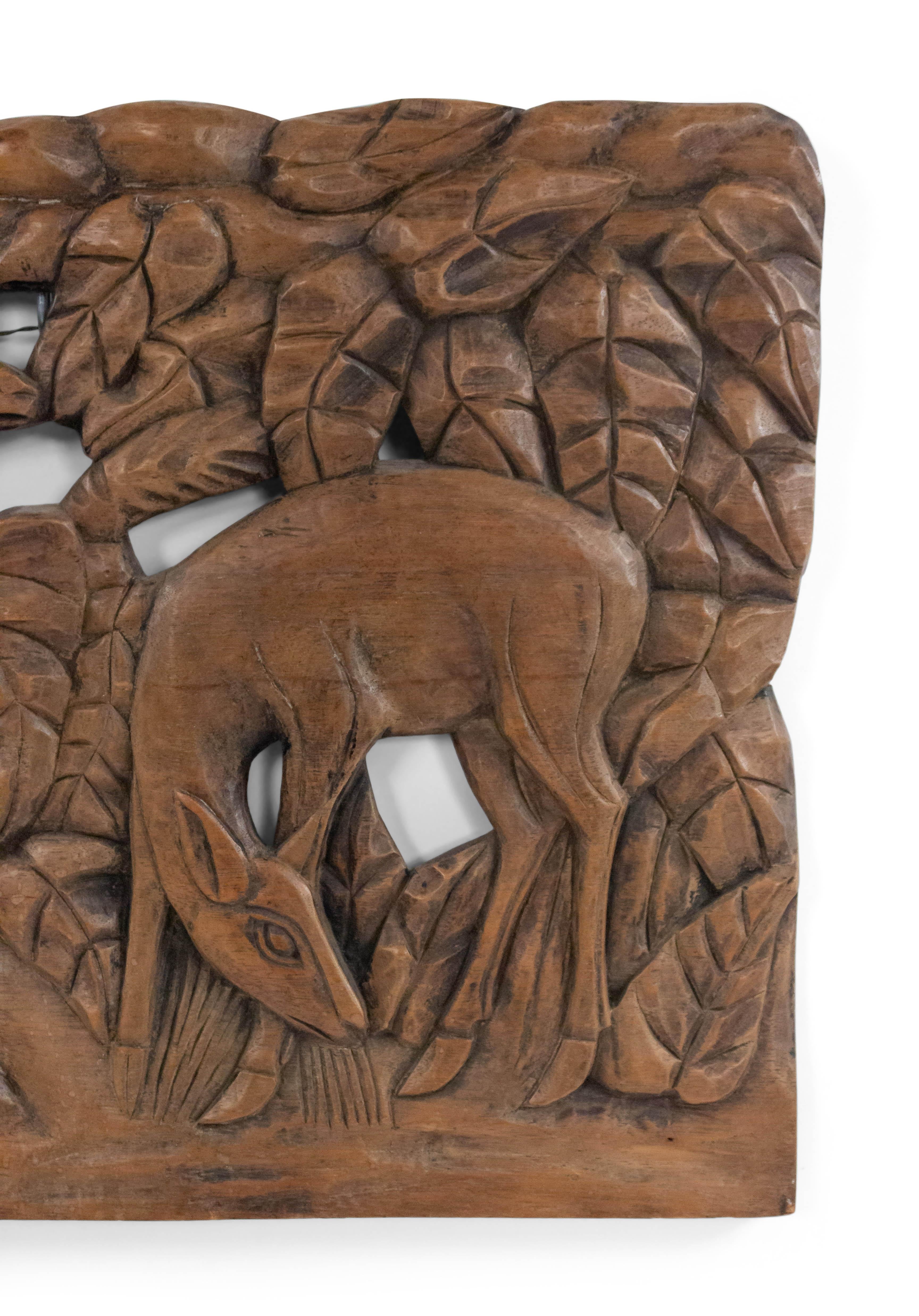 French Art Deco stripped walnut carved wall plaque of 2 fawns.
 