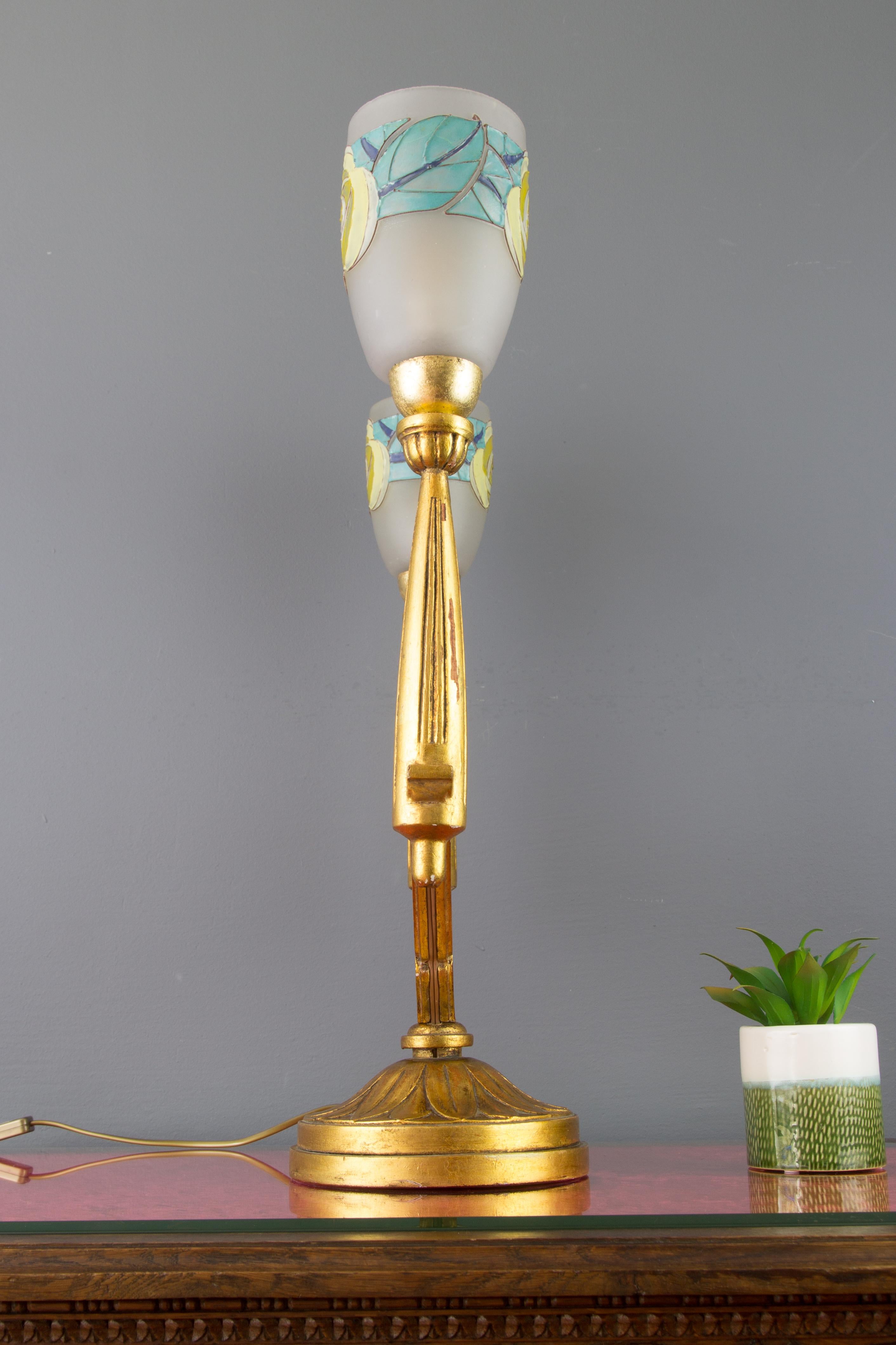 French Art Deco Carved Wood and Frosted Enameled Glass Two-Light Table Lamp For Sale 11
