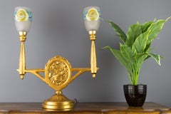 French Art Deco Carved Wood and Frosted Enameled Glass Two-Light Table Lamp