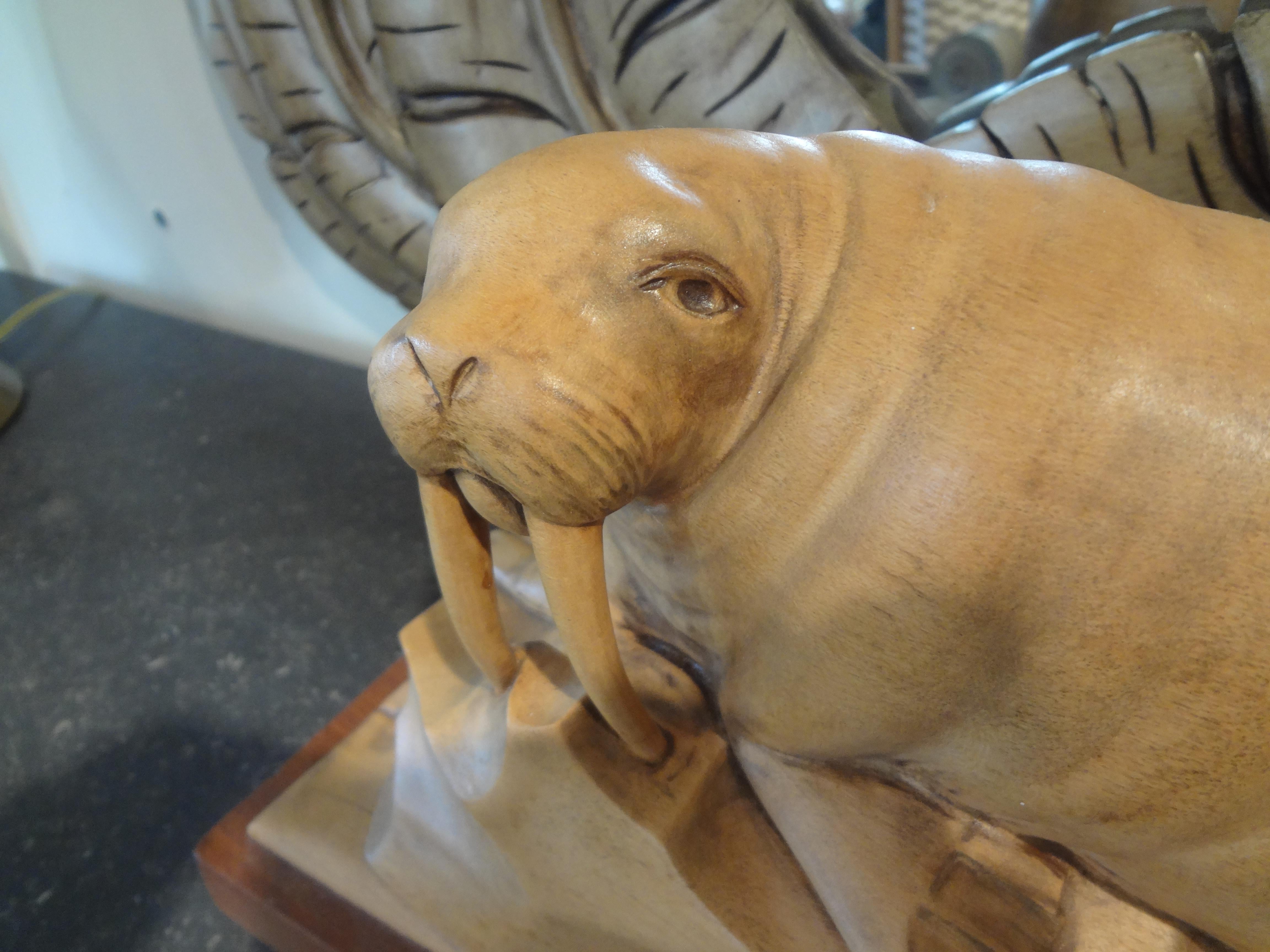 Mid-20th Century French Art Deco Carved Wood Walrus Sculpture, Signed Martini For Sale