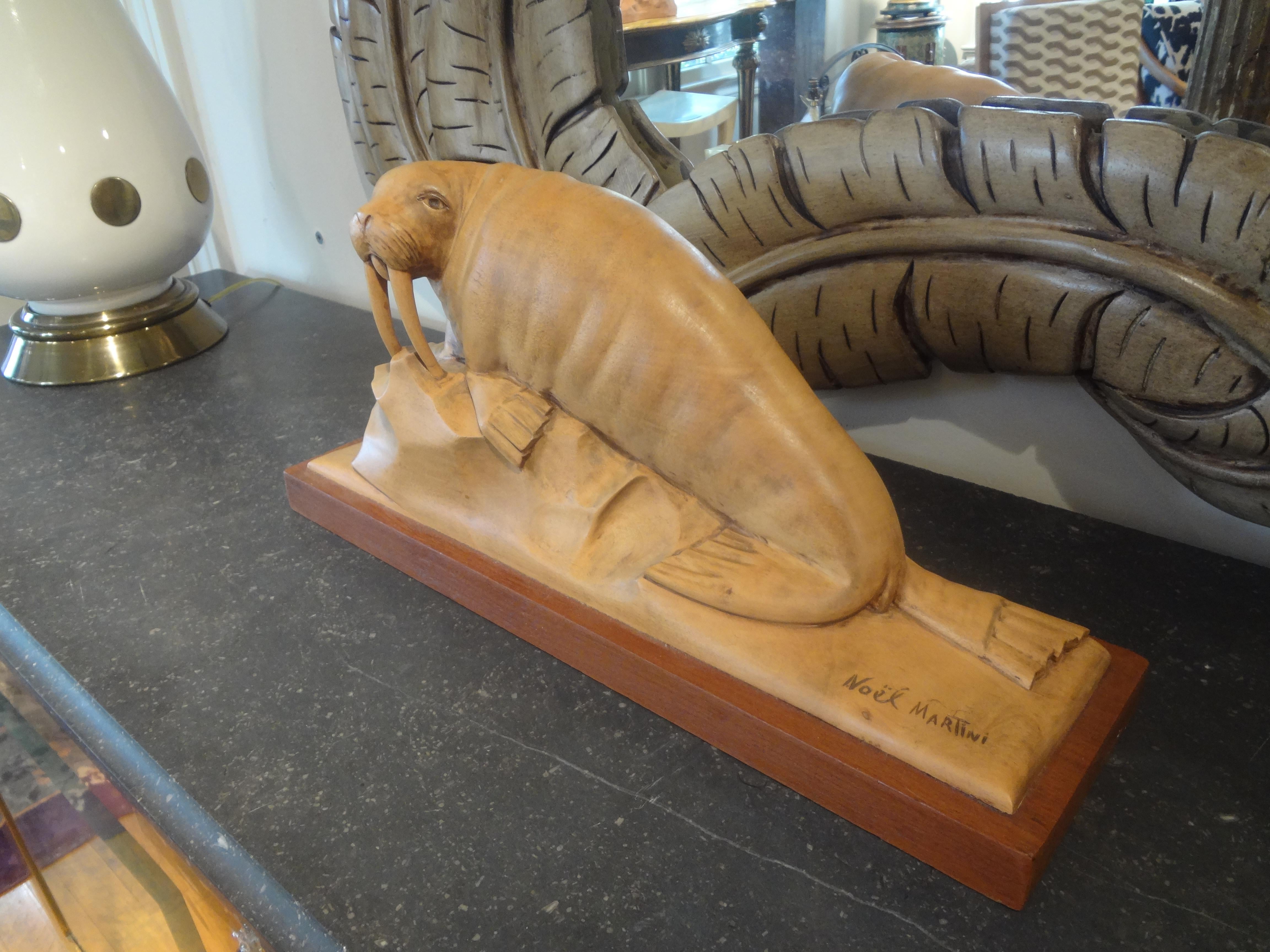 French Art Deco Carved Wood Walrus Sculpture, Signed Martini For Sale 1