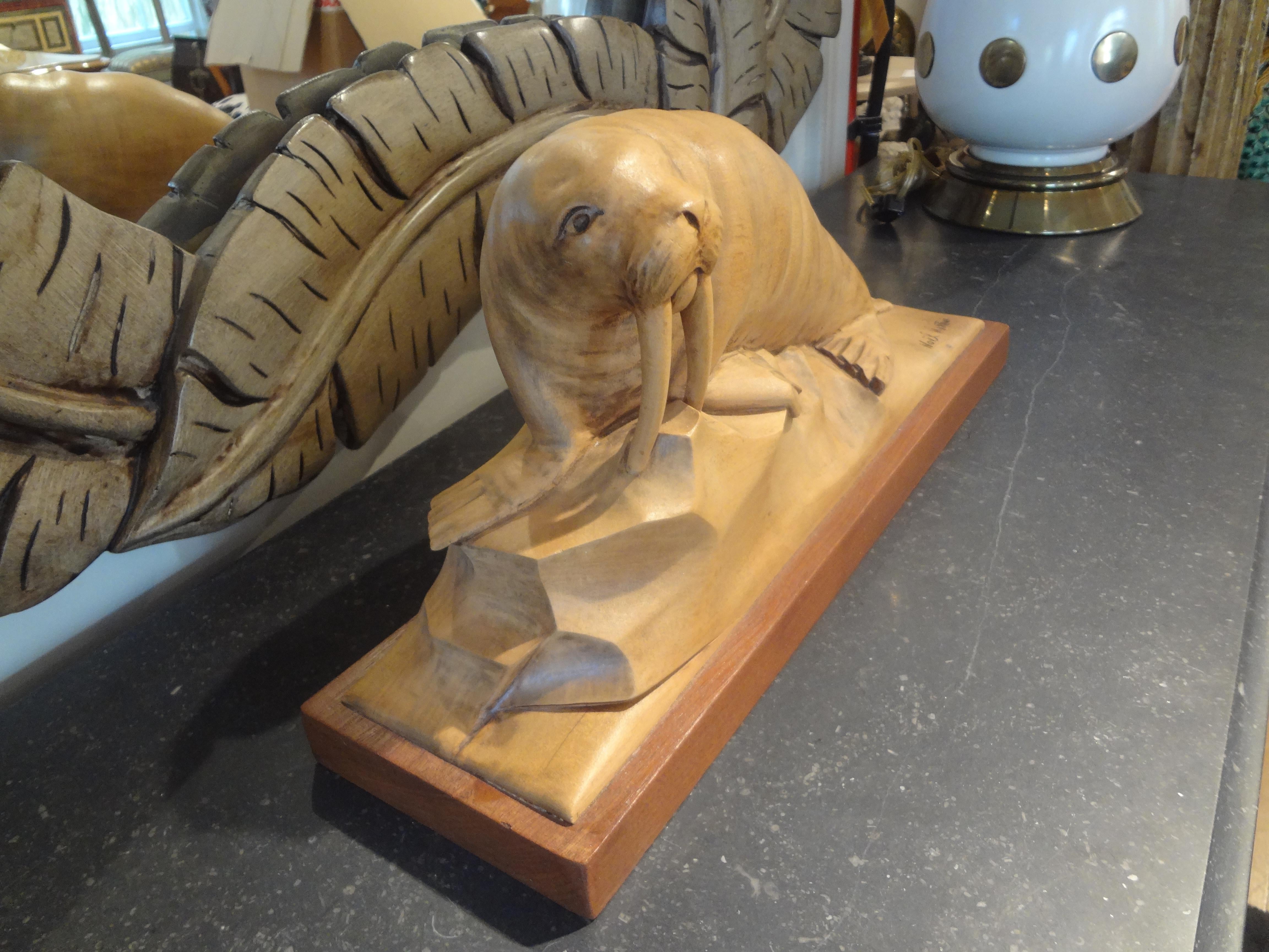 French Art Deco Carved Wood Walrus Sculpture, Signed Martini For Sale 2