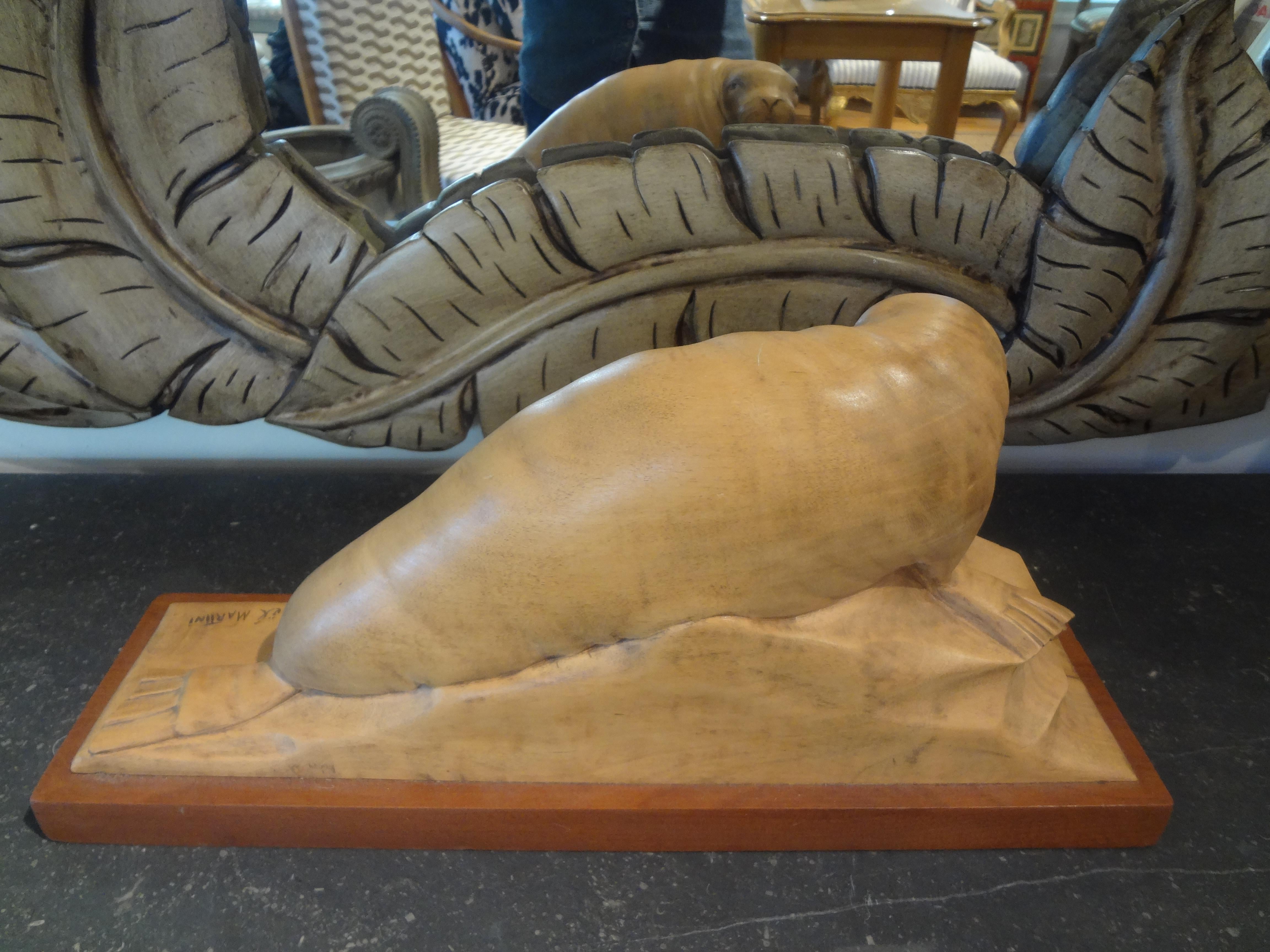 French Art Deco Carved Wood Walrus Sculpture, Signed Martini For Sale 3