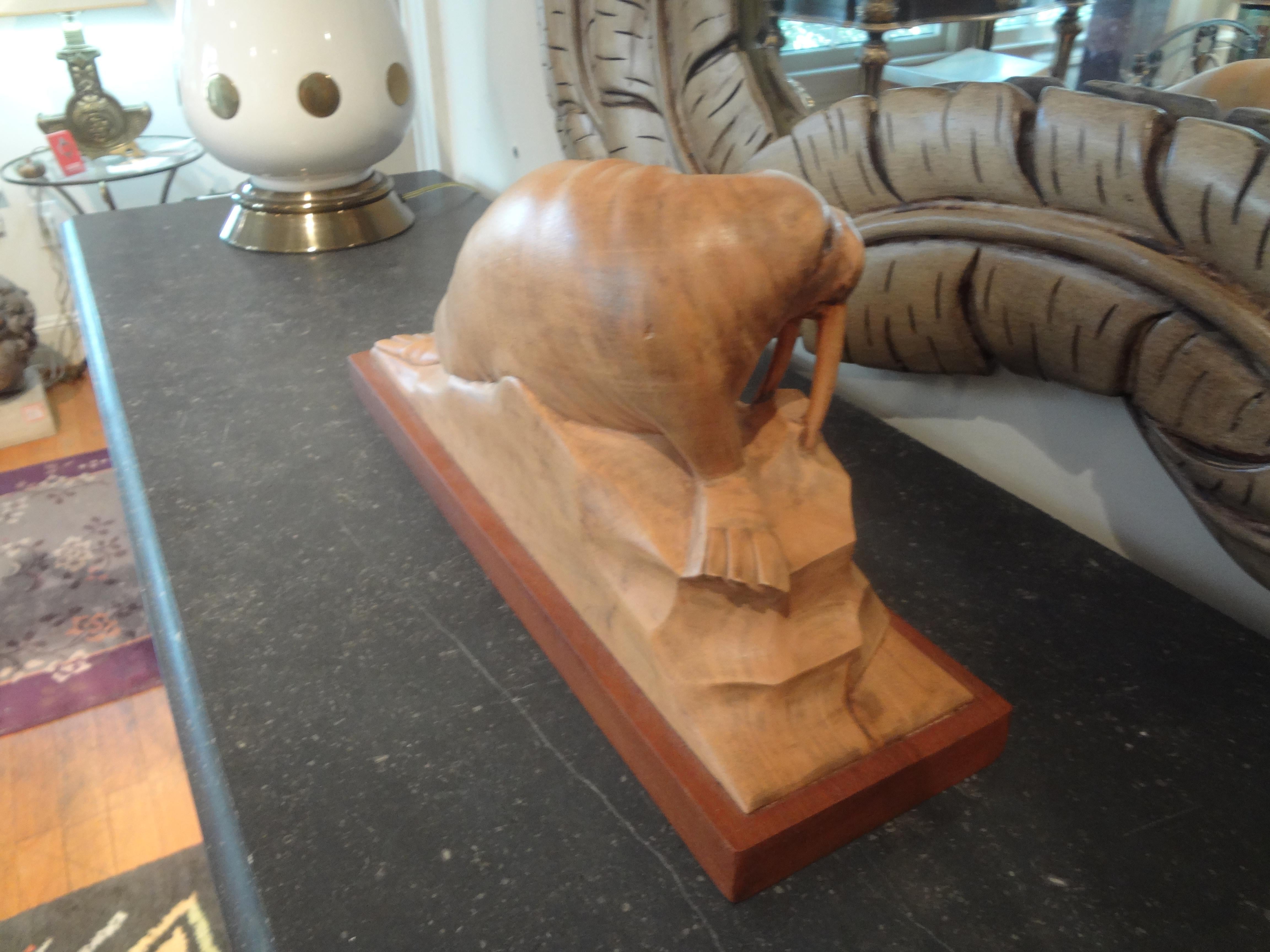 French Art Deco Carved Wood Walrus Sculpture, Signed Martini For Sale 4