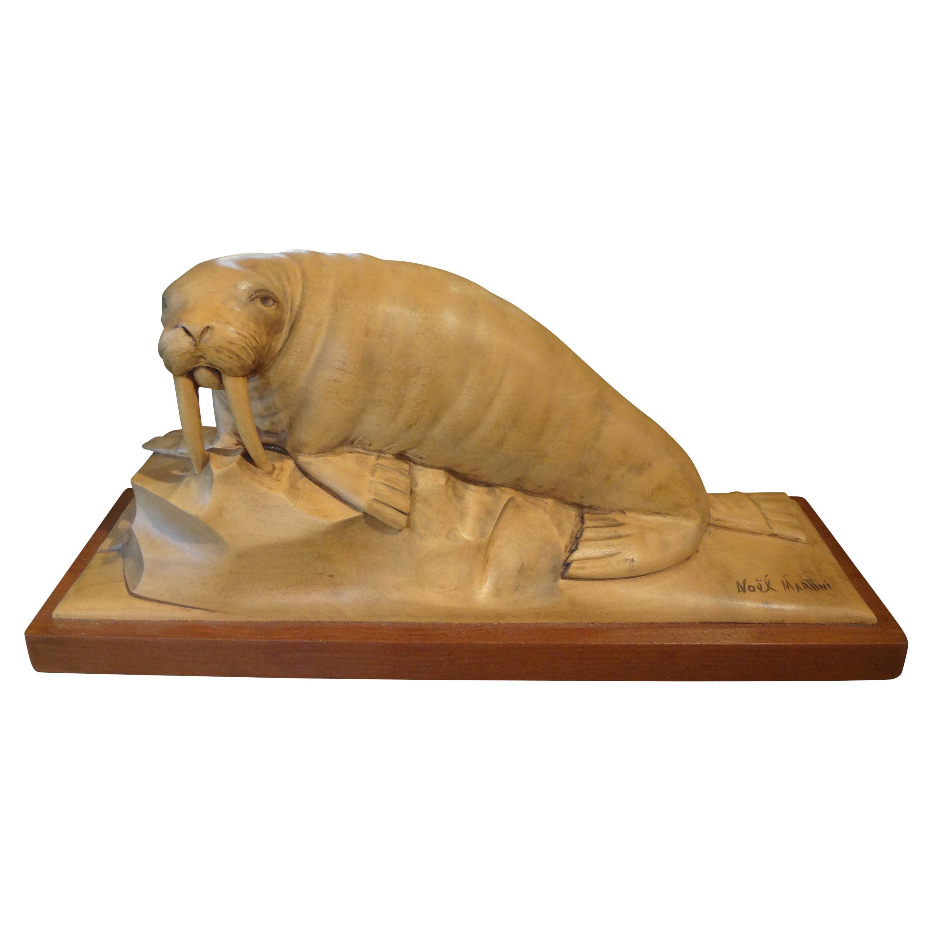 French Art Deco Carved Wood Walrus Sculpture, Signed Martini