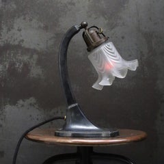 French Art Deco Cast Iron & Frosted Glass Table Desk Light, 1920s