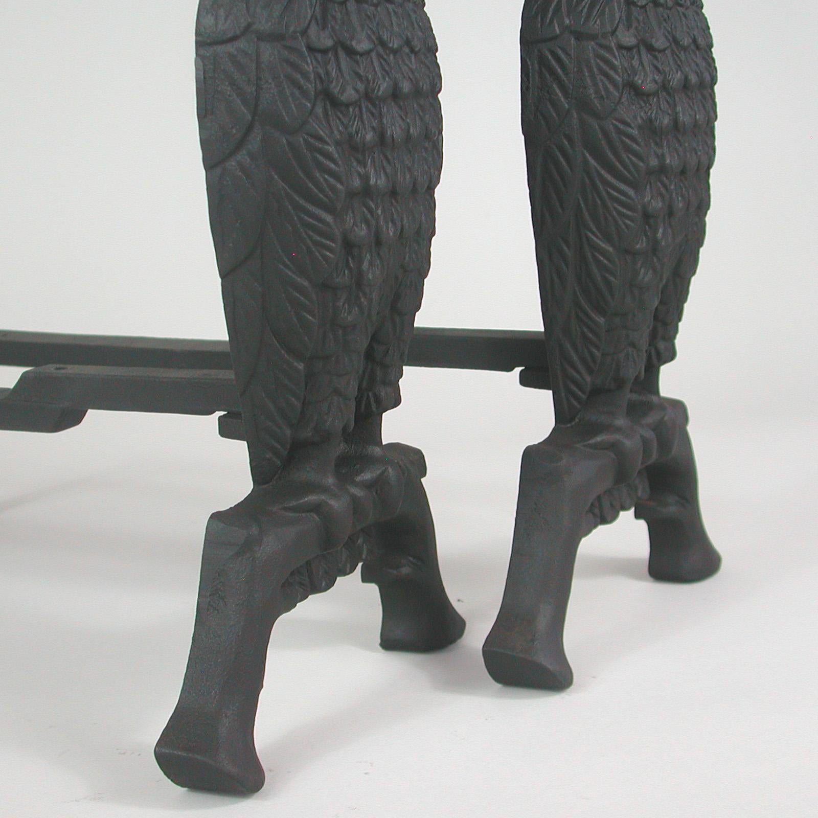 French Art Deco Cast Iron Sculptural Owl Fireplace Andirons, 1930s 4