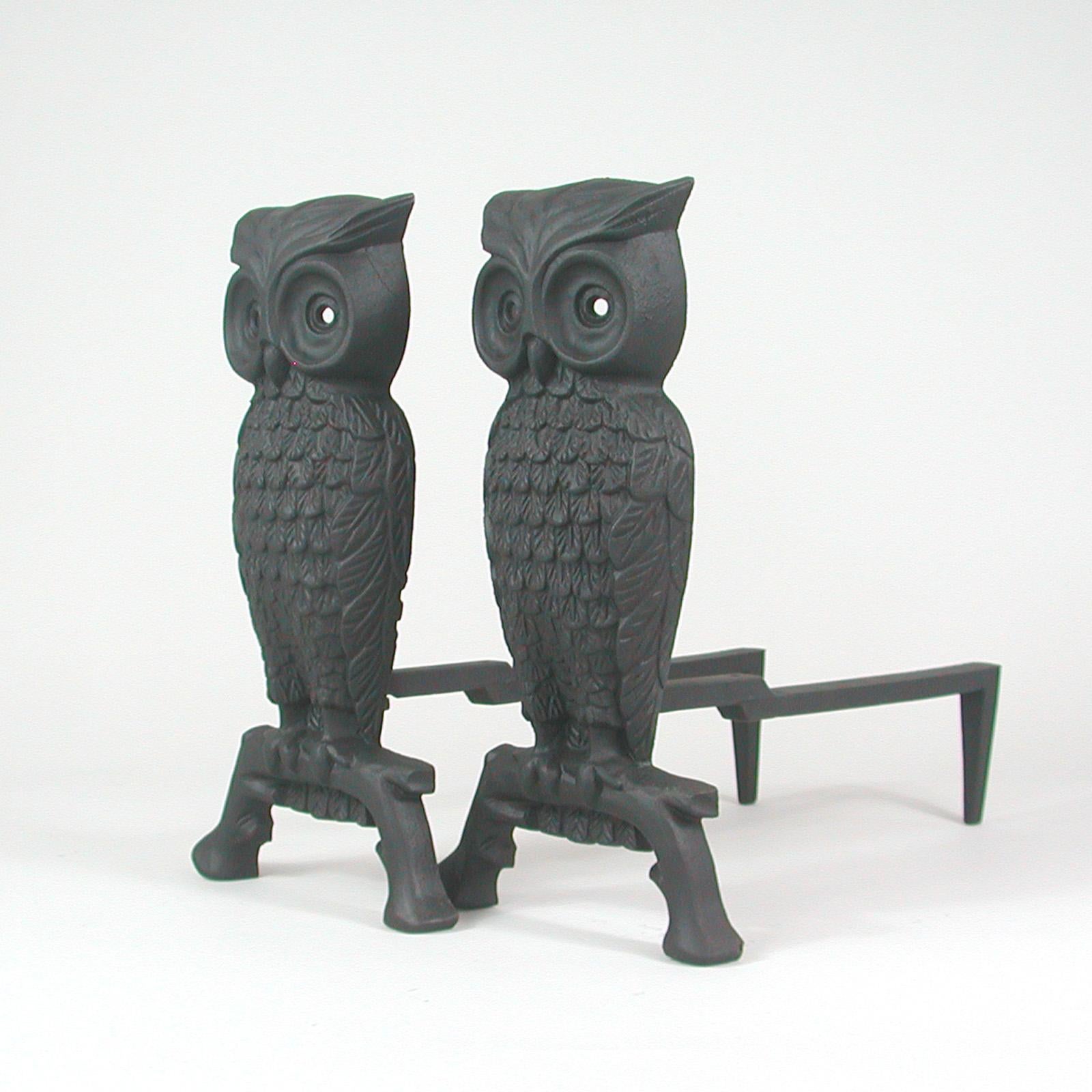 French Art Deco Cast Iron Sculptural Owl Fireplace Andirons, 1930s 8