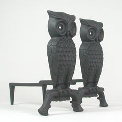 French Art Deco Cast Iron Sculptural Owl Fireplace Andirons, 1930s