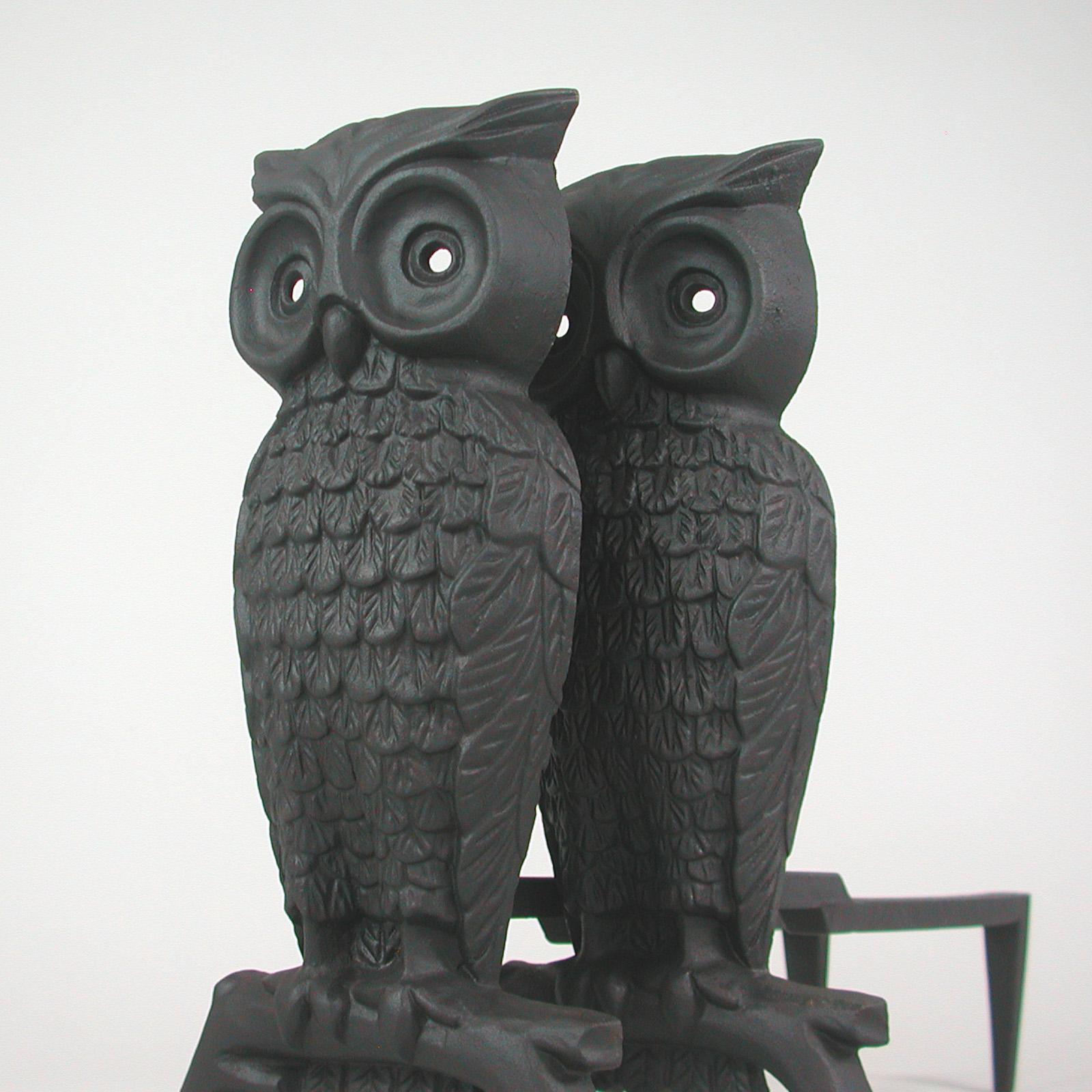 Blackened French Art Deco Cast Iron Sculptural Owl Fireplace Andirons, 1930s