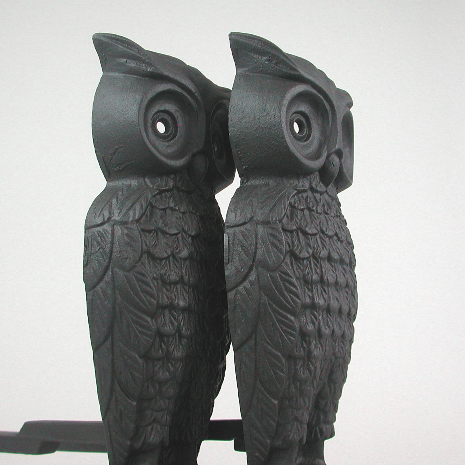 French Art Deco Cast Iron Sculptural Owl Fireplace Andirons, 1930s In Good Condition In NUEMBRECHT, NRW