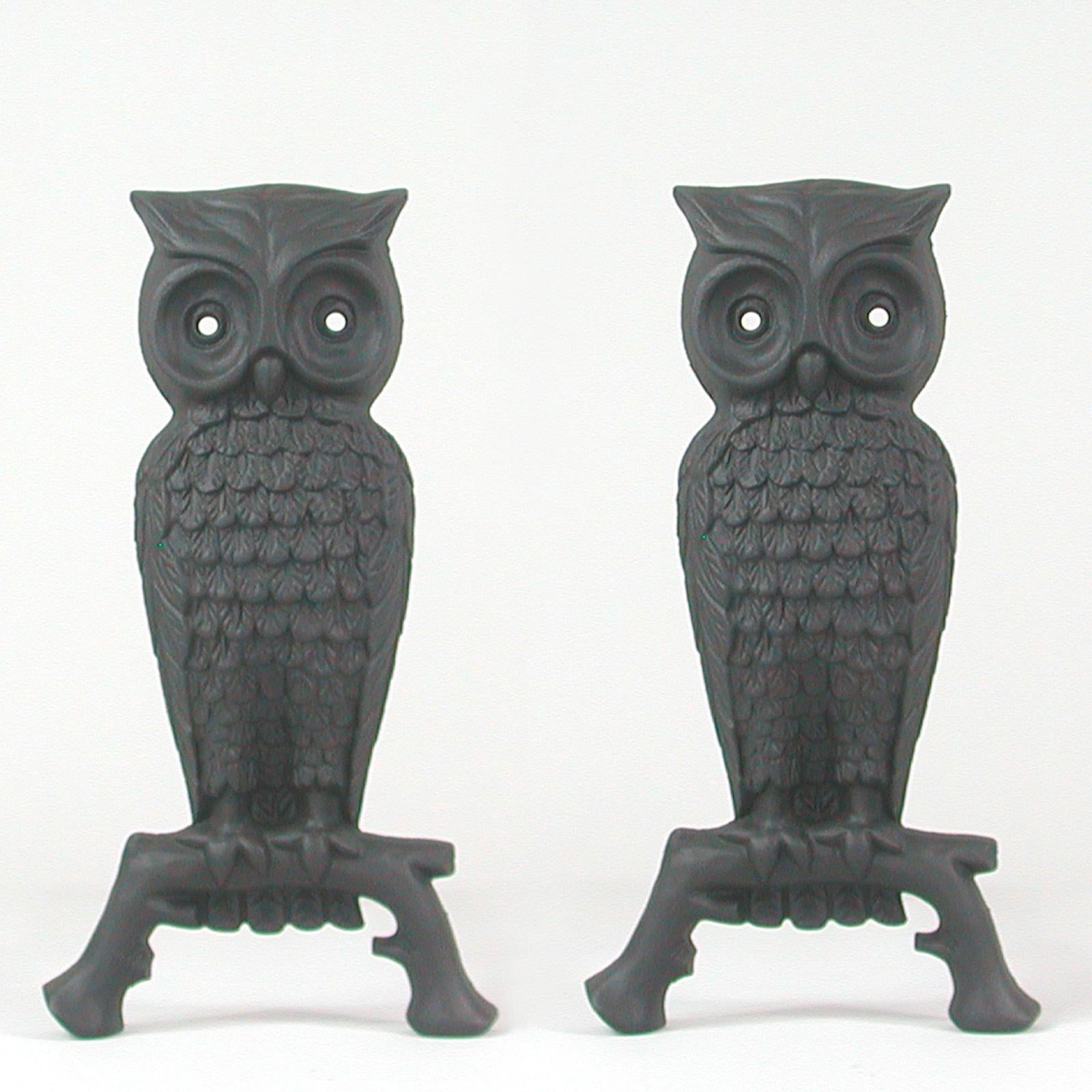 Mid-20th Century French Art Deco Cast Iron Sculptural Owl Fireplace Andirons, 1930s