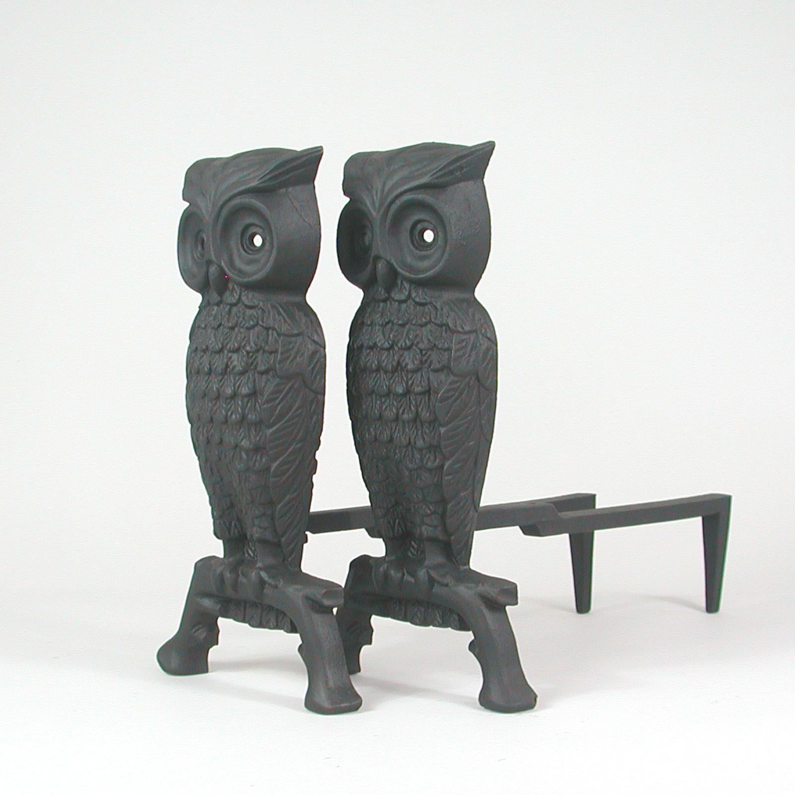 French Art Deco Cast Iron Sculptural Owl Fireplace Andirons, 1930s 2