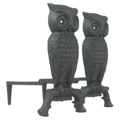 French Art Deco Cast Iron Sculptural Owl Fireplace Andirons, 1930s
