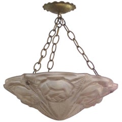 Degue French Art Deco Cast Mauve Glass Pendant Chandelier, Signed, circa 1930