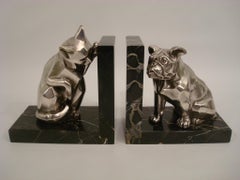 French Art Deco Cat and Bulldog Bookends by Irénée Rochard, 1930