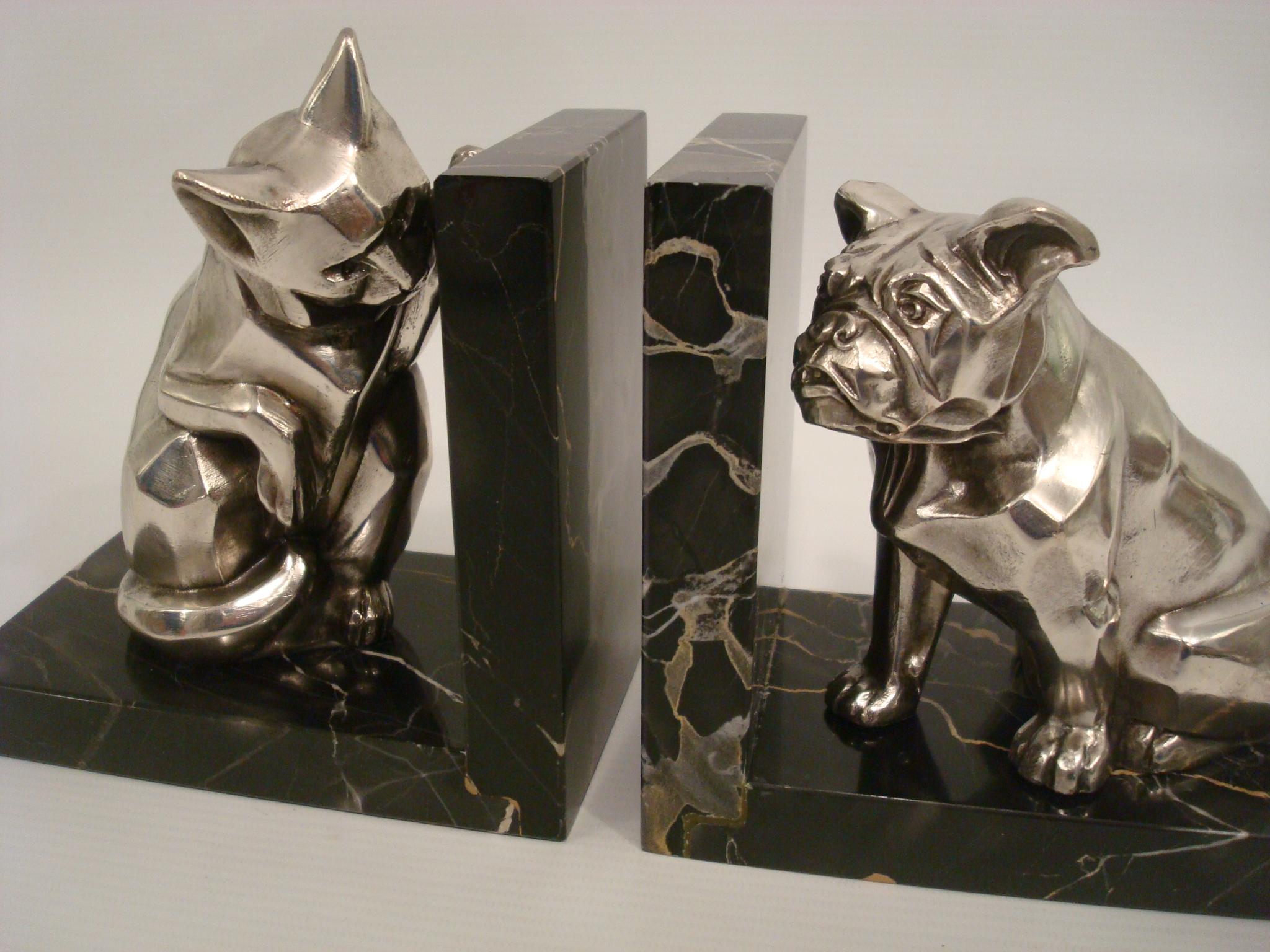 Silvered French Art Deco Cat and Bulldog Bookends by Irénée Rochard, 1930 For Sale